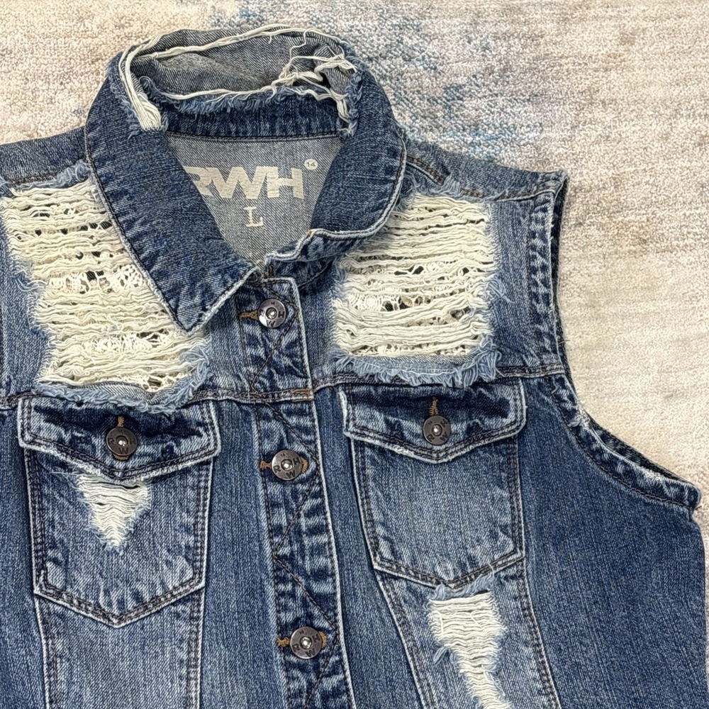 Distressed‎ Denim Vest Womens Large Crochet Panel Y2K Festival Grunge Jacket